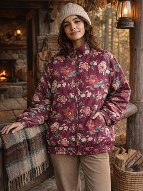 J.G Hook‎ Silk Floral Jacket Large Oversized Cottagecore Cabin Core Windbreaker